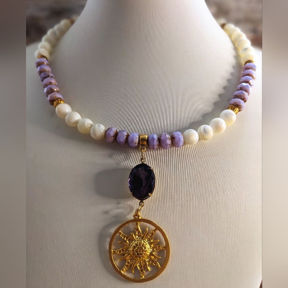 10.7 Carat Natural Amethyst & Lush Lavender In White MOP Statement Necklace